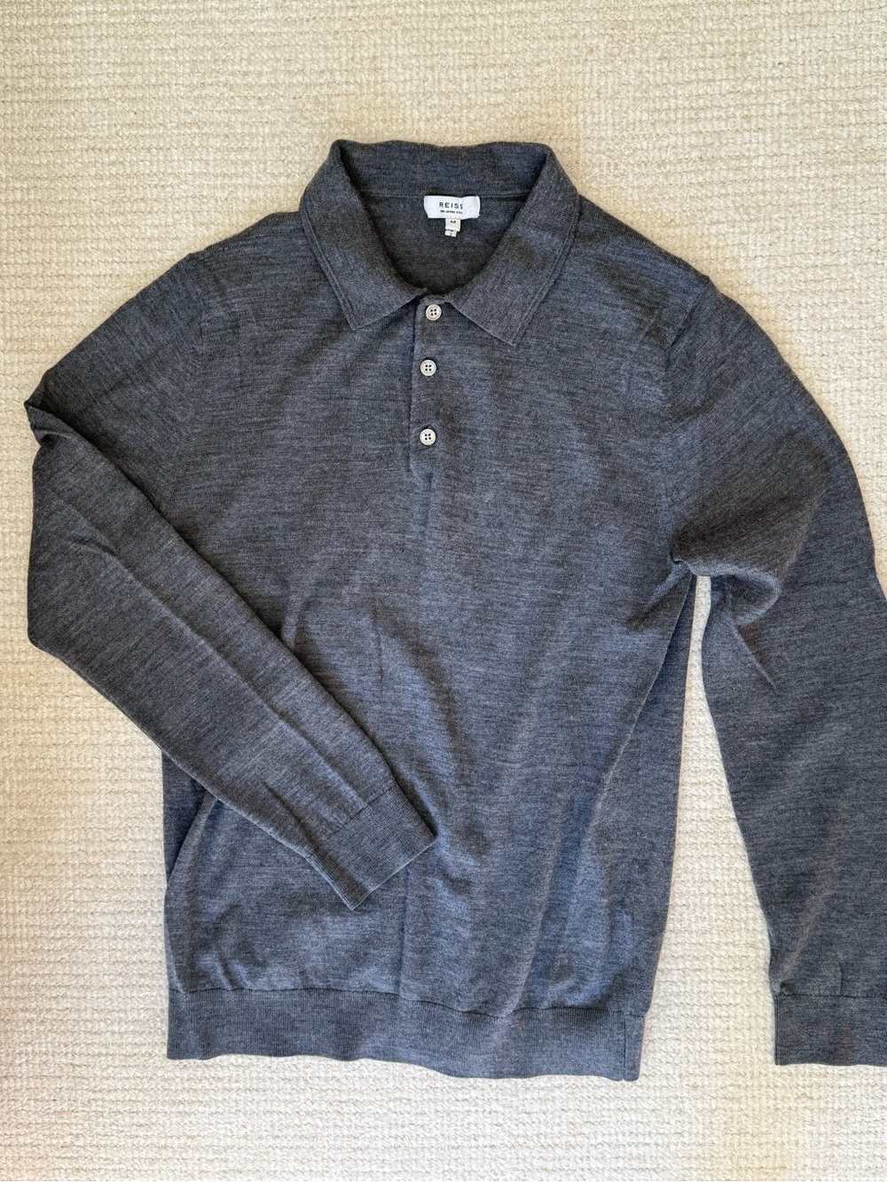 Reiss Charcoal Gray Men's Merino Wool Long-Sleeve Polo